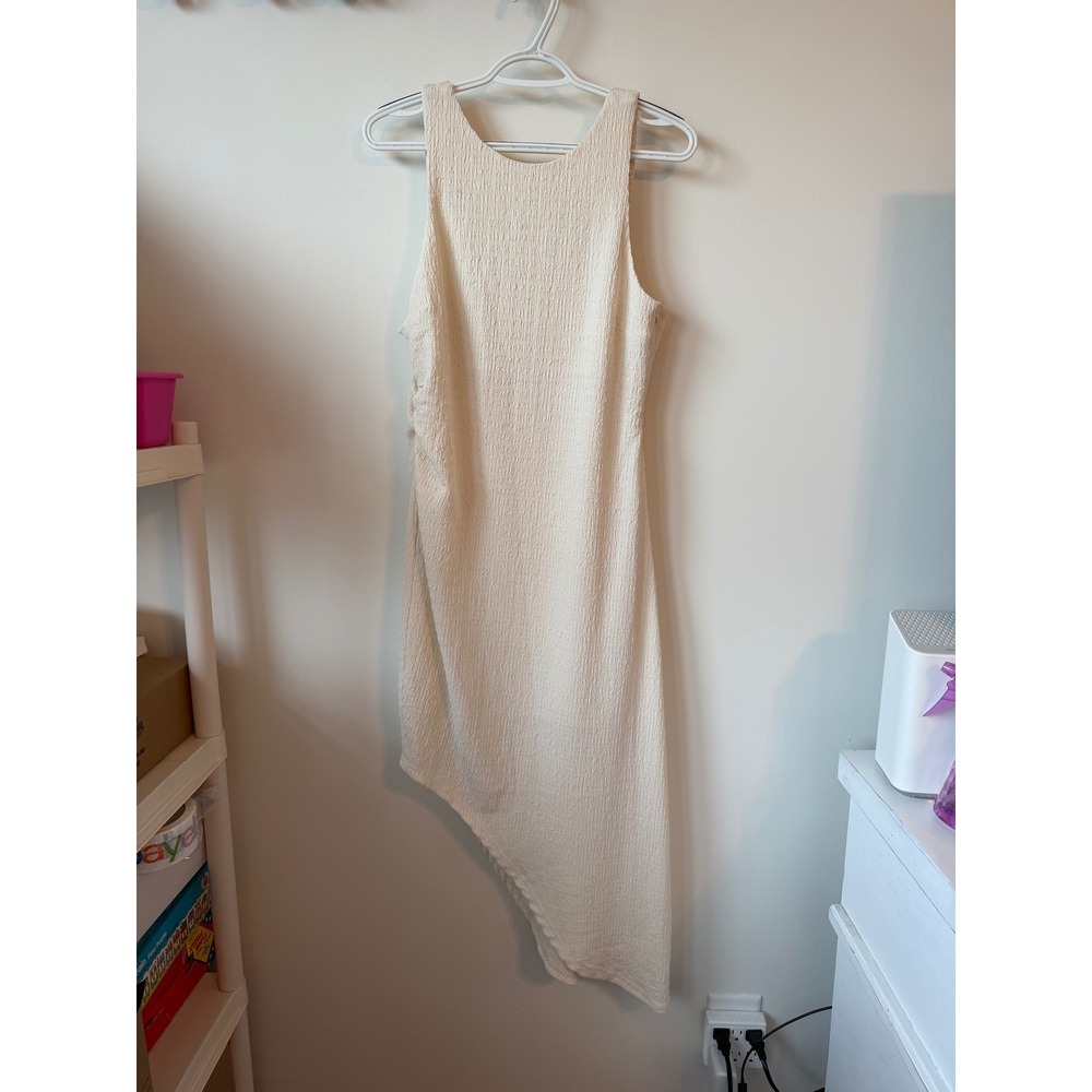 All Row Cream Crinkle Textured Asymmetrical Hem Sleeveless Midi Dress Large